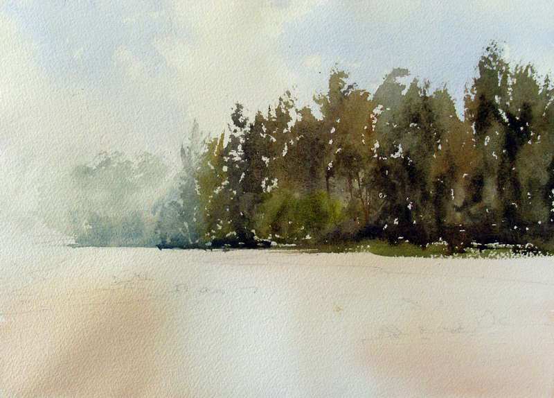 800x574 How To Paint A Mass Of Trees And Shrubs On A River Bank. - Watercolor Bushes