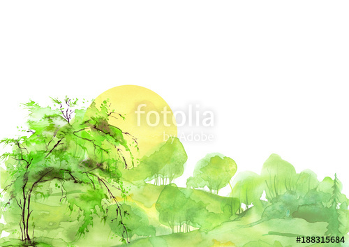 500x354 Watercolor Landscape. Green Trees, Bushes, Field, Wild Grass. The - Watercolor Bushes