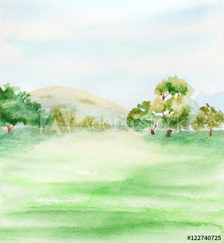 462x500 Abstract Background Landscape With Trees, Bushes, Sky And Grass - Watercolor Bushes
