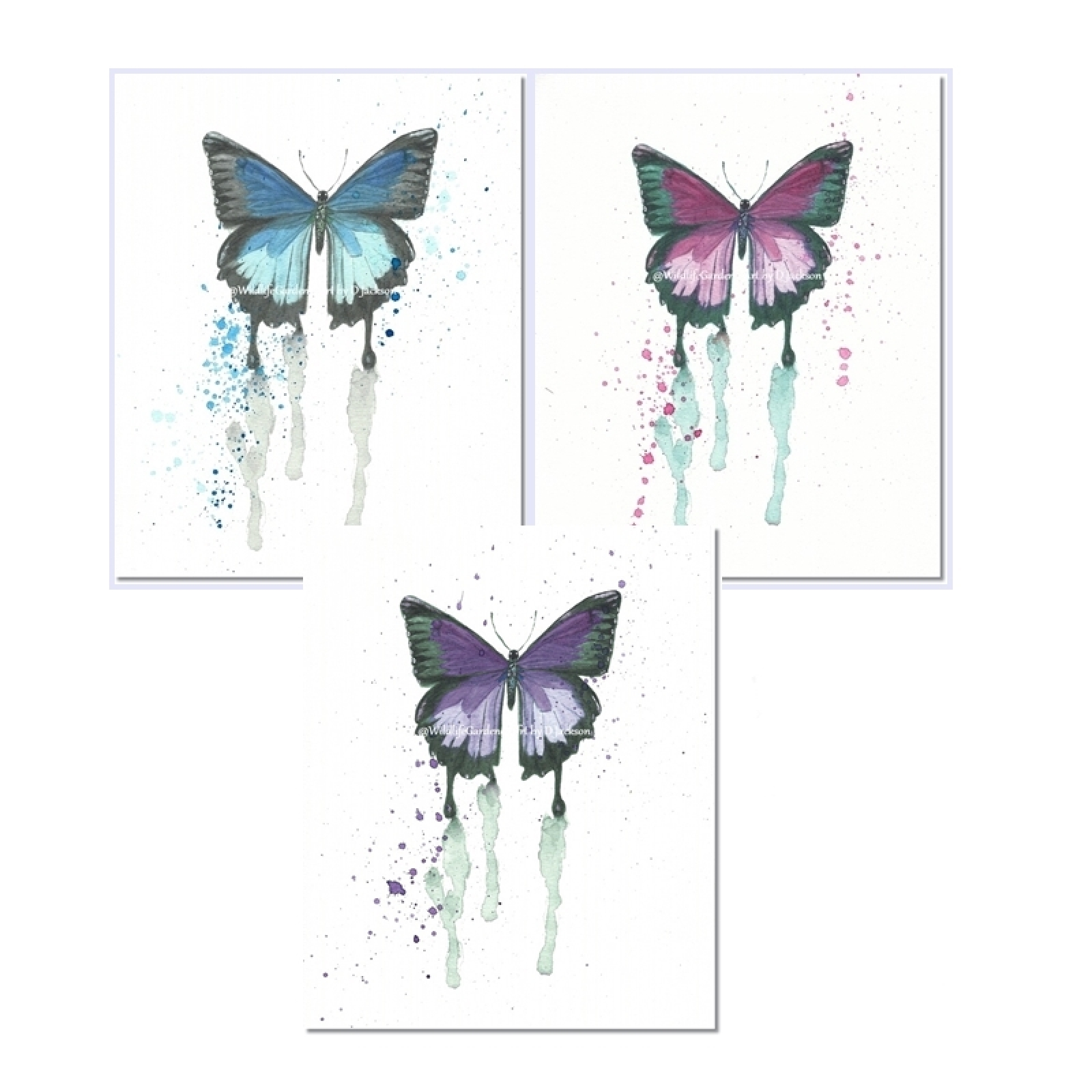 1600x1600 Butterfly Watercolor Art Prints Blue, Pink, Purple (Set Of 3 - Watercolor Butterfly Prints