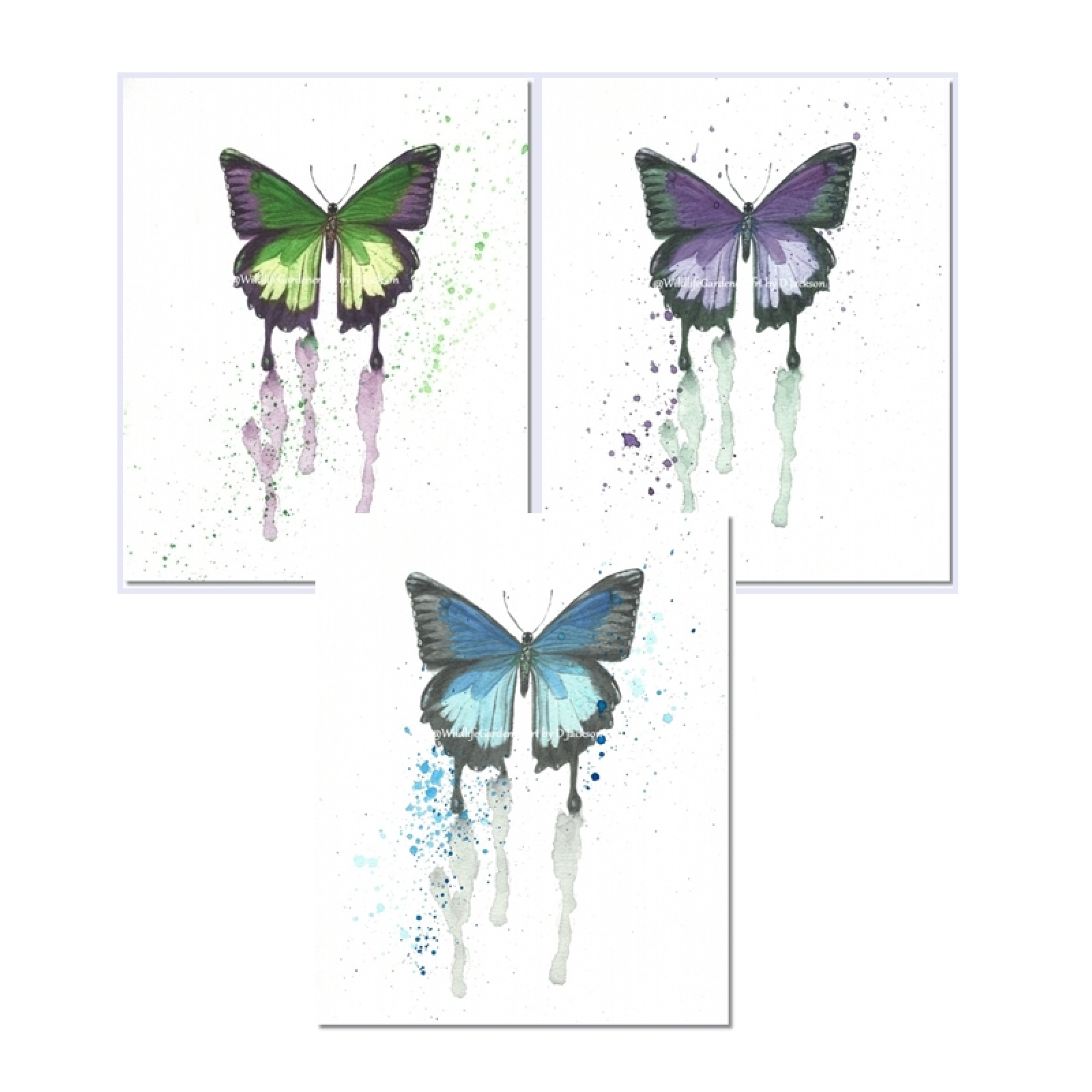 1600x1600 Butterfly Watercolor Art Prints Blue, Purple, Green (Set Of 3 - Watercolor Butterfly Prints