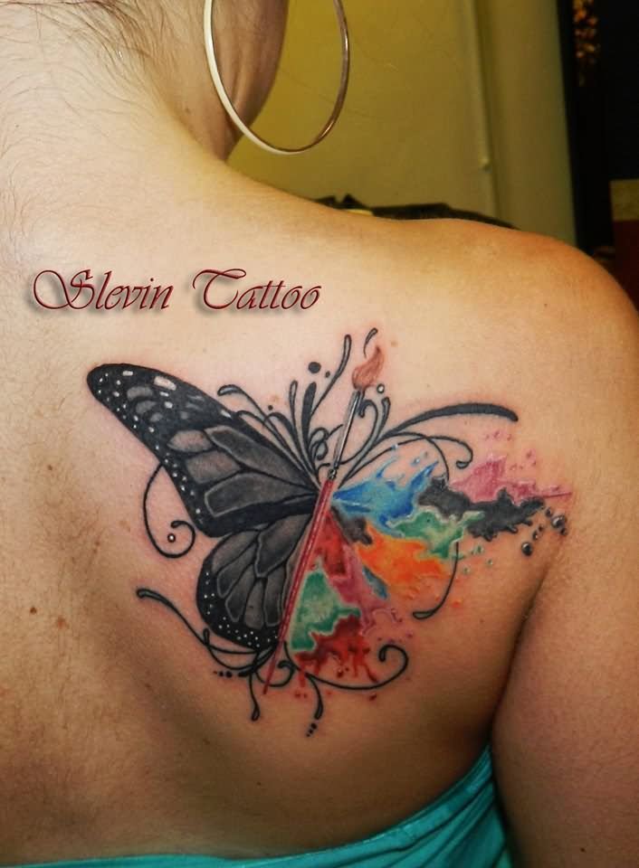 Watercolor Butterfly Tattoo On Right Back Shoulder - Watercolor Butterfly T...