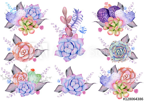 500x353 Watercolor Antler And Bouquet With Succulent, Cactus, Flower And - Watercolor Cactus Flower