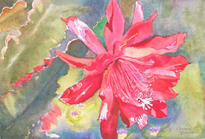 300x203 Cactus Flower Amp Violets Watercolor Painting By Cerise Johnson - Watercolor Cactus Flower