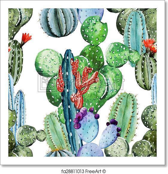 561x581 Free Art Print Of Watercolor Cactus Pattern. Beautiful Vector - Watercolor Cactus Vector