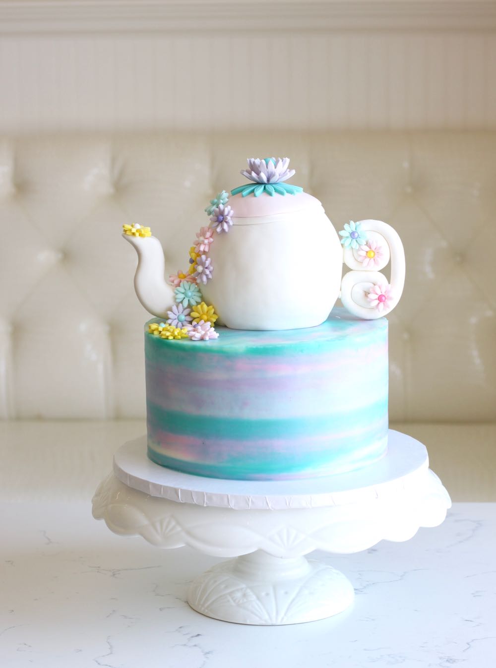 1000x1347 Rise Cupcakes Floral Teapot Watercolor Cake - Watercolor Cake Decorating