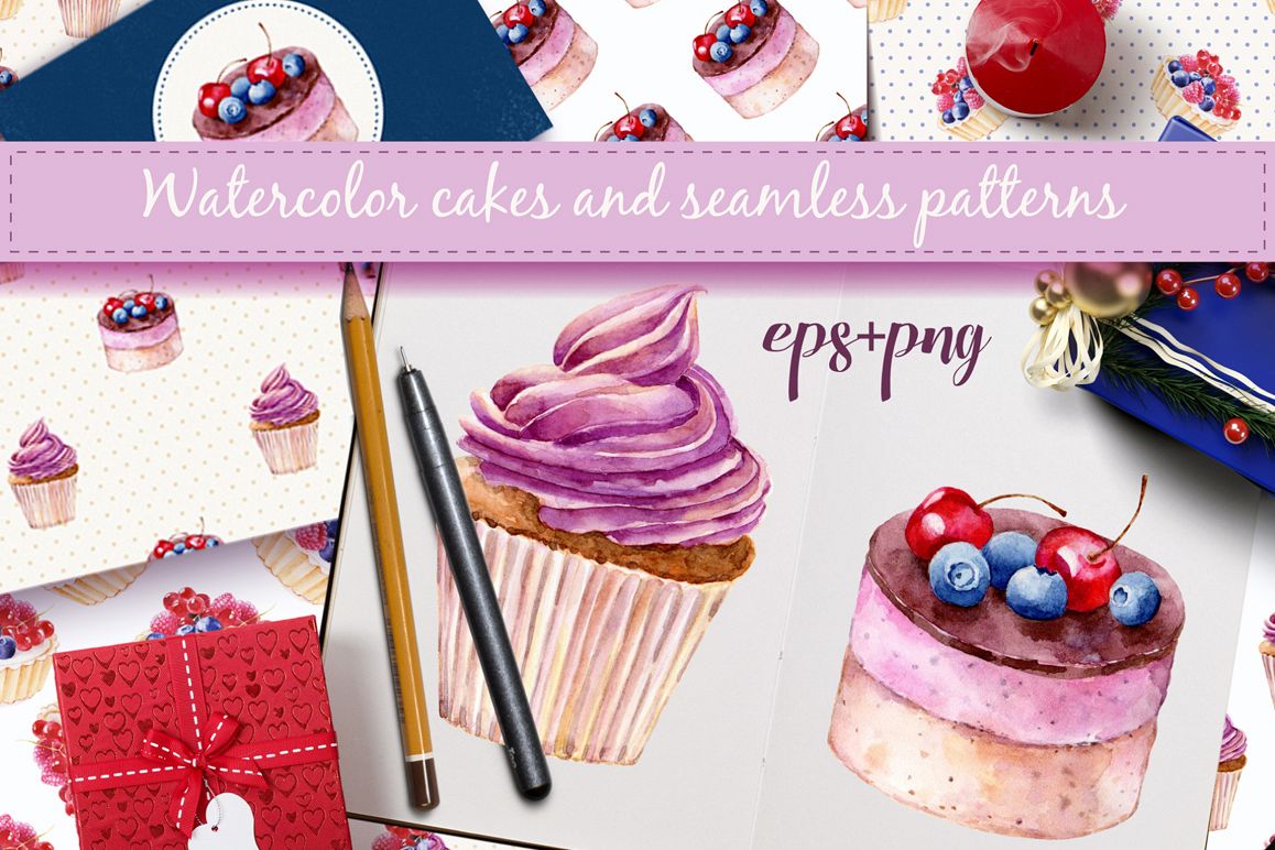 1158x772 Watercolor Cakes. Vector Set - Watercolor Cake Set