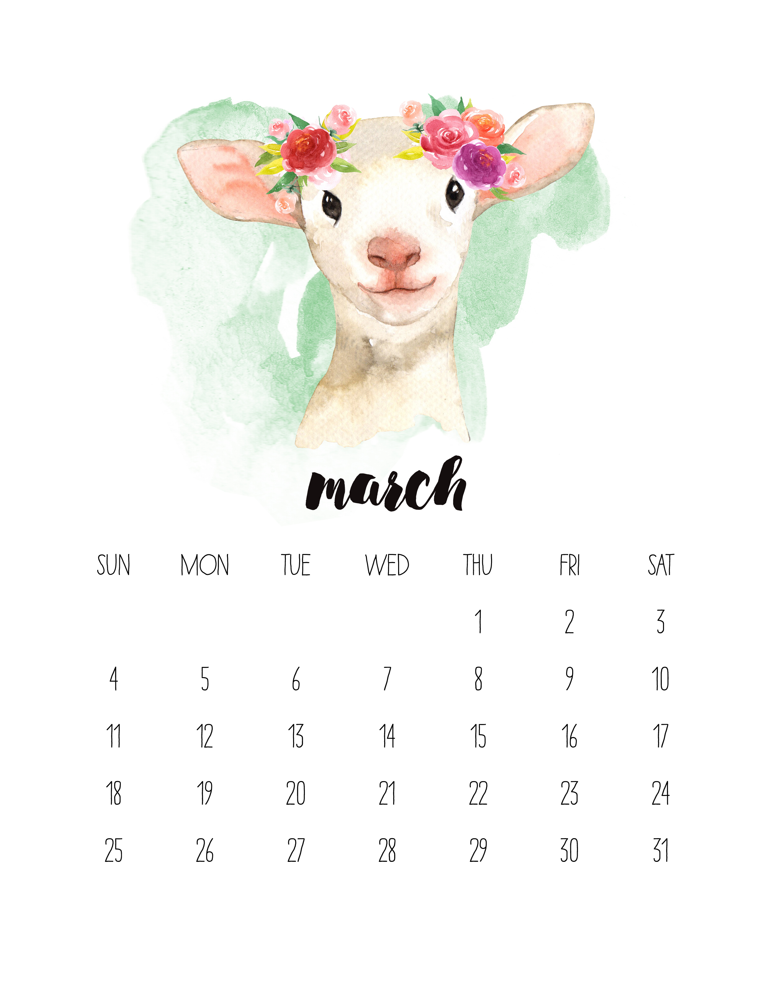 2550x3300 Free Printable 2018 Watercolor Animal Calendar The Cottage Market - Watercolor Calendar