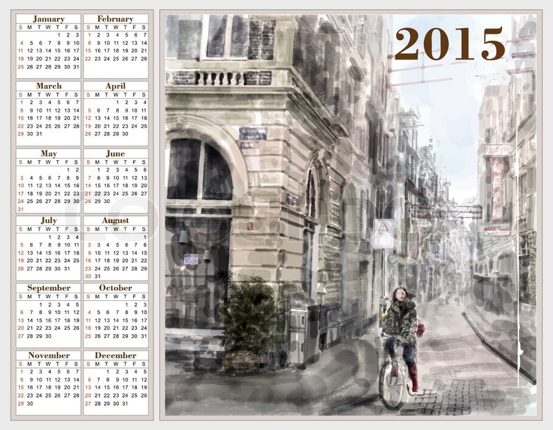800x623 Calendar 2015 With Illustration Of City Street. Watercolor Style - Watercolor Calendar 2015
