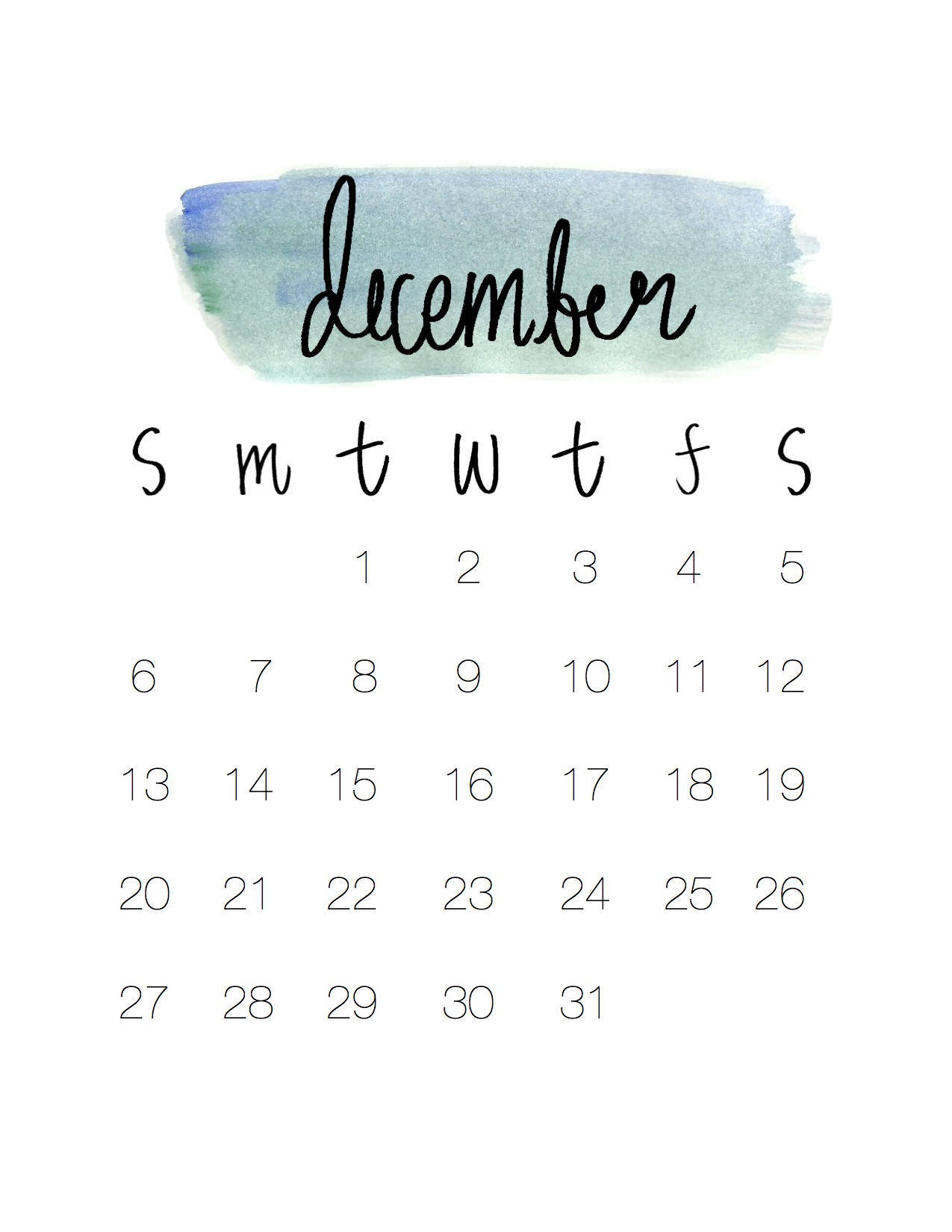 1275x1650 Clip Art Free December Calendar - Watercolor Calendar 2015