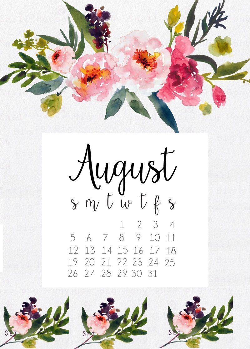 800x1118 Watercolor Floral August 2018 Calendar Maxcalendars - Watercolor Calendar