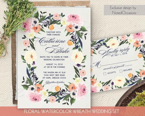 570x456 Watercolor Floral Wreath Wedding Invitation Printable Wedding - Watercolor Calligraphy Wedding Invitations