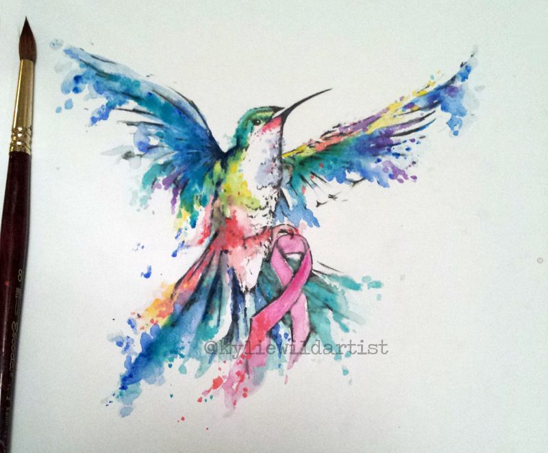800x661 Watercolor Tattoo Design Cancer Freeing Humming Bird With Breast - Watercolor Cancer Ribbon