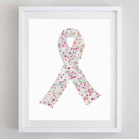 570x570 Breast Cancer Ribbon Floral Watercolor Art Print Etsy - Watercolor Cancer Ribbon
