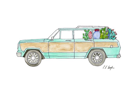 570x380 Watercolor Car With Cactus Original Painting Car Etsy - Watercolor Car