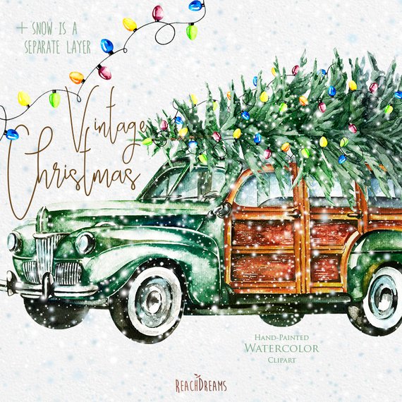 570x570 Watercolor Christmas Vintage Car Retro Auto Hand Painted Etsy - Watercolor Car Painting