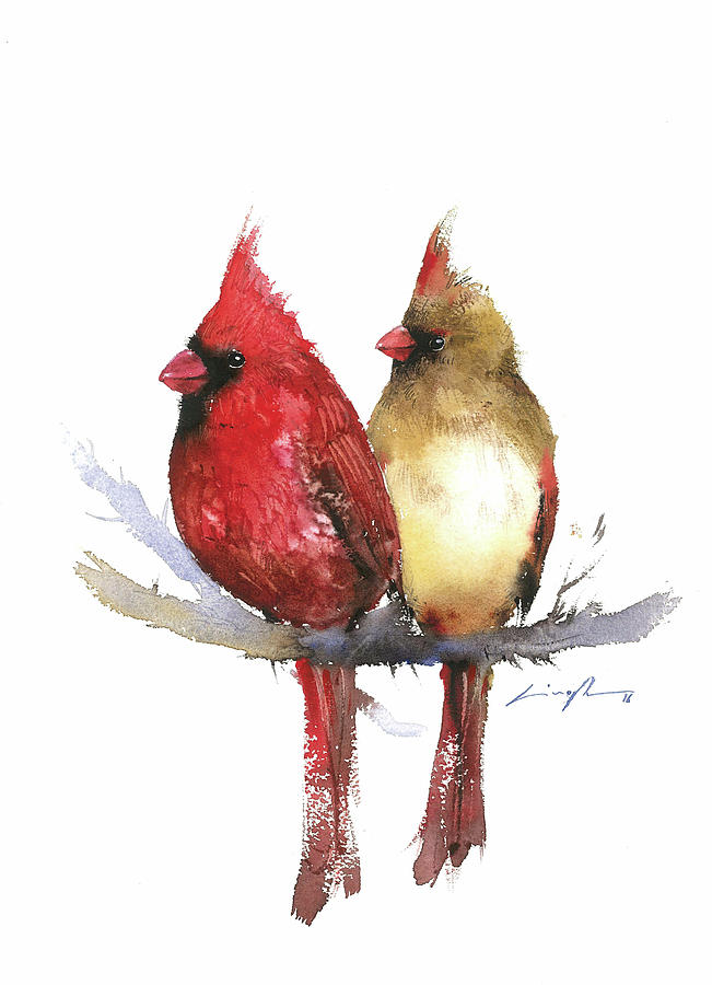 651x900 Couple Cardinal Watercolor Painting Painting By Nitin Singh - Watercolor Cardinal