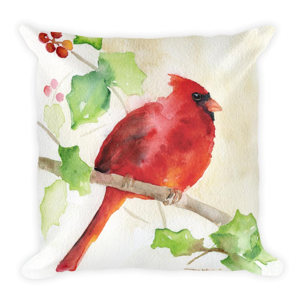 1000x1000 Red Cardinal And Holly Watercolor Square Pillow Susan Windsor - Watercolor Cardinal