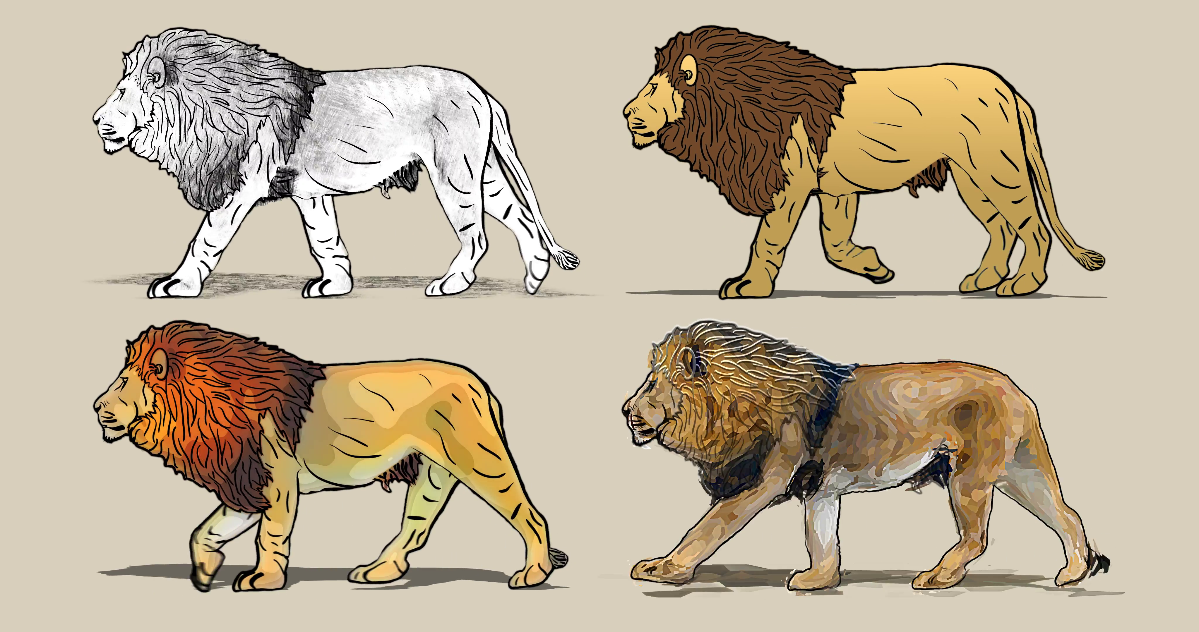 4096x2160 Cartoon Lion Walking. Four Different Drawing Style Pencil - Watercolor Cartoon