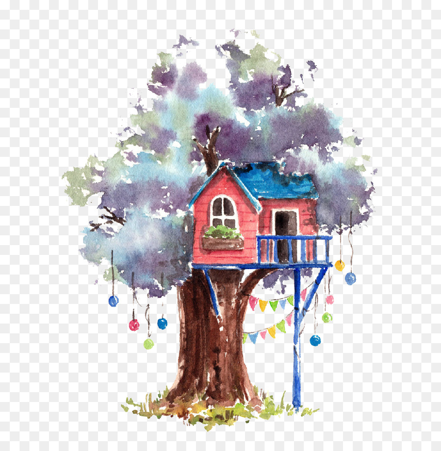 900x920 Watercolor Painting Tree House - Watercolor Cartoon