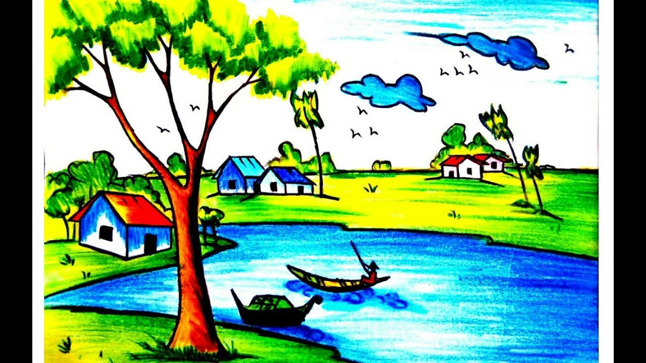 1280x720 Cartoon Pencil Nature Painting How To Draw A Village Scenery With - Watercolor Cartoon