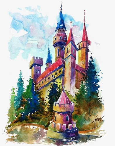 393x500 Watercolor Color Castle, Watercolor Clipart, Color Clipart, Castle - Watercolor Castle