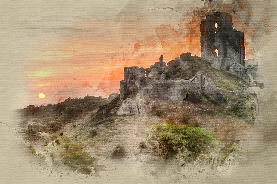 900x598 Watercolor Painting Of Castle Ruins Landscape With Bright Vibran - Watercolor Castle