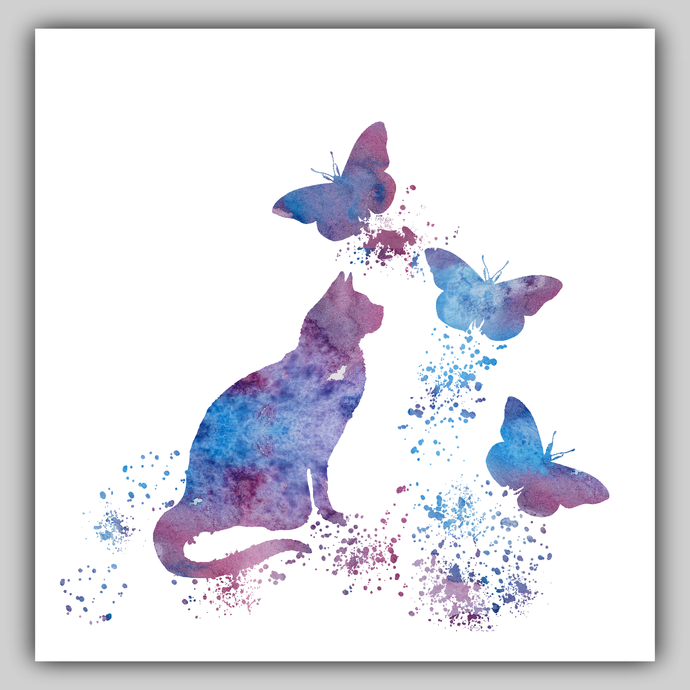 690x690 Cat And Butterflies, Watercolor Cat, By Bittenbyermines On Zibbet - Watercolor Cat