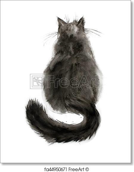 450x580 Free Art Print Of Watercolor Black Cat. Watercolor Painting Of - Watercolor Cat