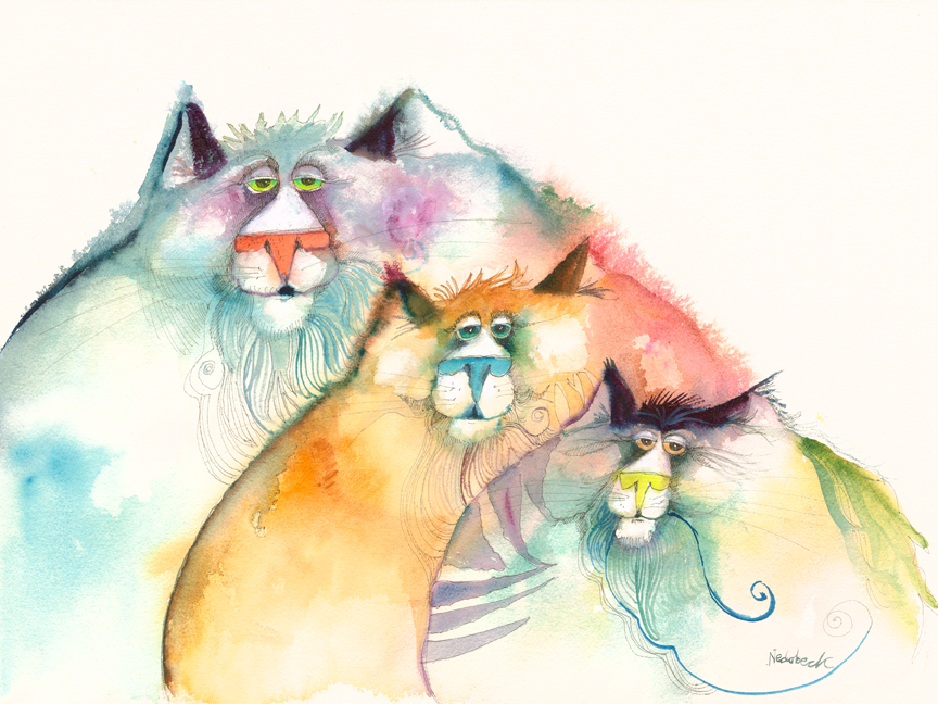 864x648 Three Watercolor Cats Nedobeck - Watercolor Cat