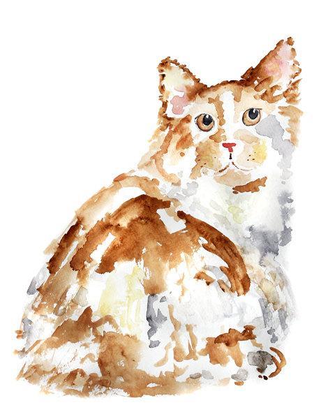 480x600 Cute Cat Watercolor, Cat Art Print, By Lighthearteddreamer On Zibbet - Watercolor Cat Art