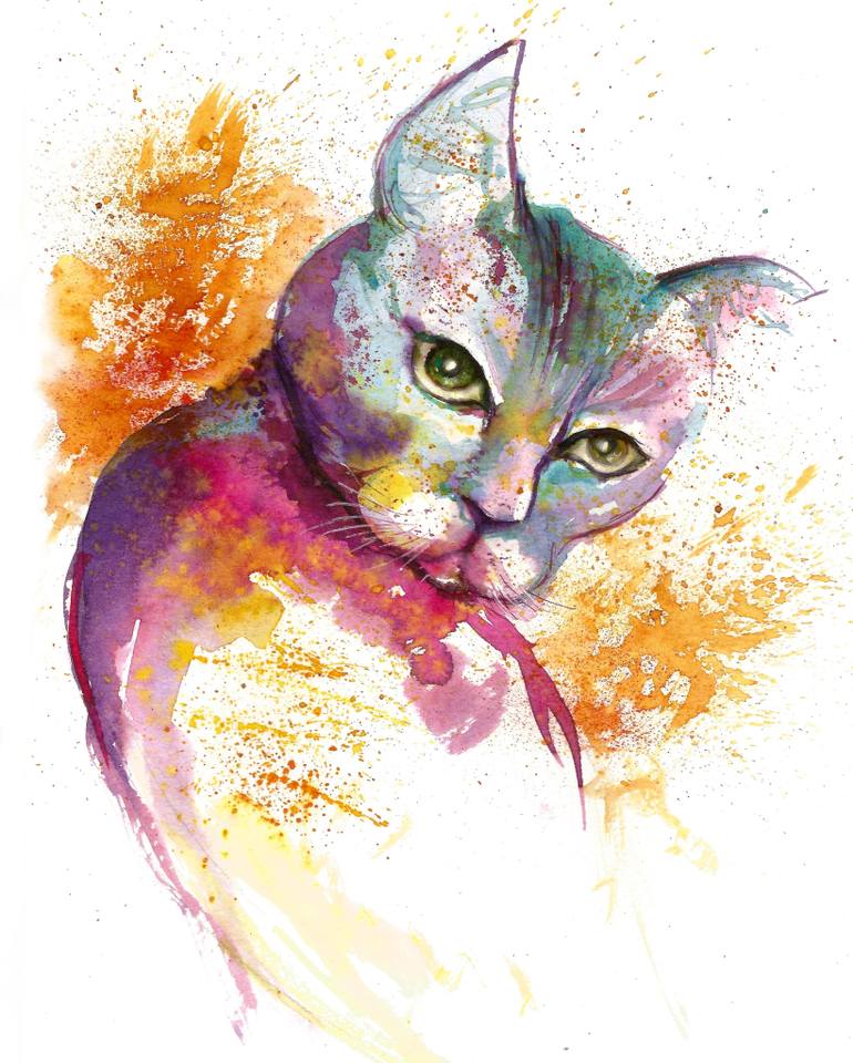 770x960 Cat Fantasy Watercolour Painting By Natalja Picugina Saatchi Art - Watercolor Cat Art
