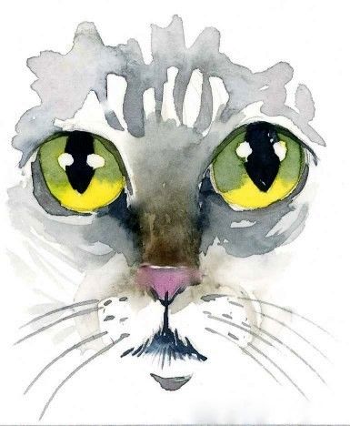 385x468 Cats Eyes, Watercolor By Kim Attwooll Watercolor Cats - Watercolor Cat Eyes