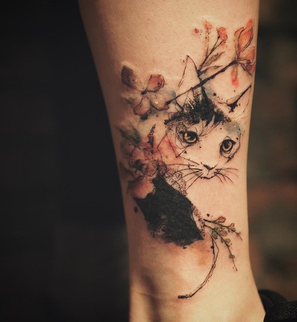 600x652 Examples Of Cute Cat Tattoo Art And Design - Watercolor Cat Tattoo