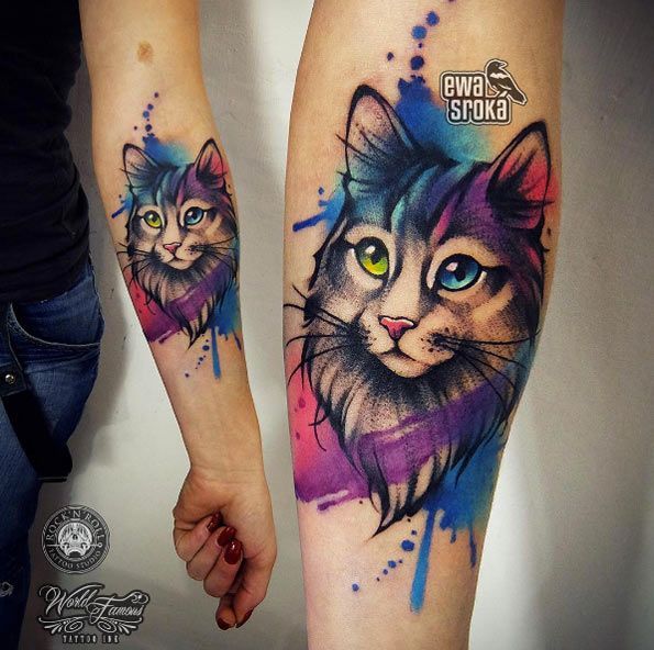 595x592 Animal Tattoo Designs Watercolor Cat By Ewa Best - Watercolor Cat Tattoo