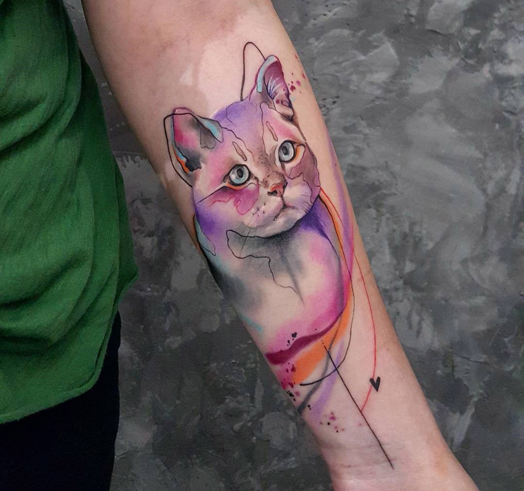 1080x1011 Cat Portrait Arm Tattoo, Pink Watercolor Best Tattoo Design Ideas - Watercolor Cat Tattoo