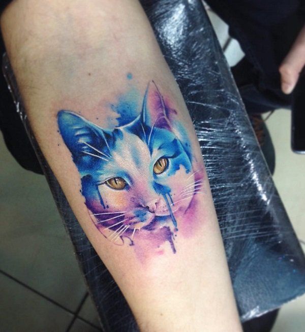 600x654 Examples Of Cute Cat Tattoo Neat Tattoos - Watercolor Cat Tattoo