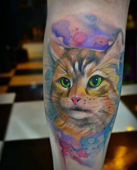 467x579 Green Eyed Watercolor Cat Tattoo - Watercolor Cat Tattoo