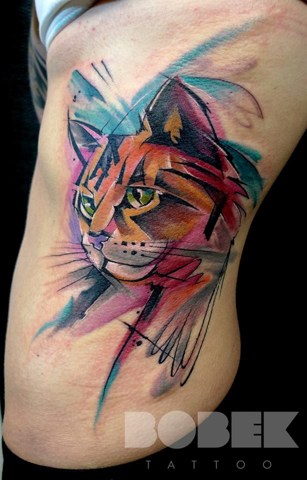 615x960 Watercolor Cat Head Tattoo On Left Side Rib - Watercolor Cat Tattoo