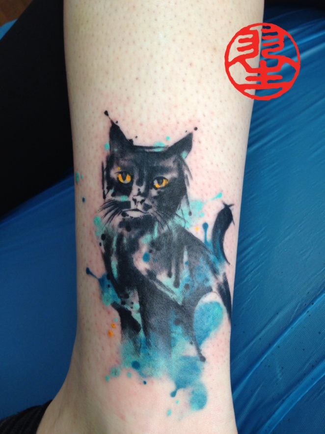 662x883 Watercolour Cat Tattoo Foot Ankle Habu San Philip Herberstein - Watercolor Cat Tattoo