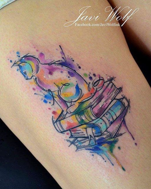 513x640 Watercolor Cat On Books Tattoo - Watercolor Cat Tattoo