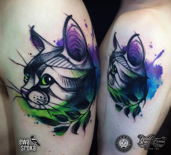 595x537 35 Unbelievable Cat Tattoos That Are Guaranteed To Leave You - Watercolor Cat Tattoo