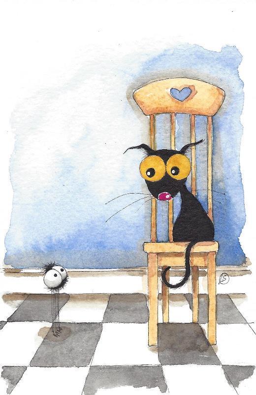 520x800 Original Watercolor Painting Whimsical Stressie Cat Black Kitty - Watercolor Chair