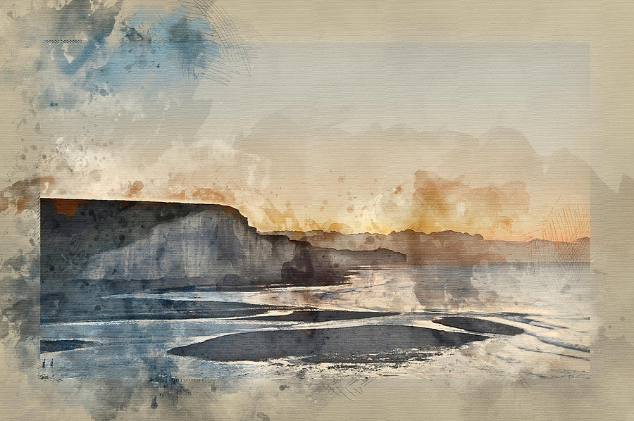 900x598 Watercolor Painting Of Seven Sisters Chalk Cliffs Winter Sunrise - Watercolor Chalk