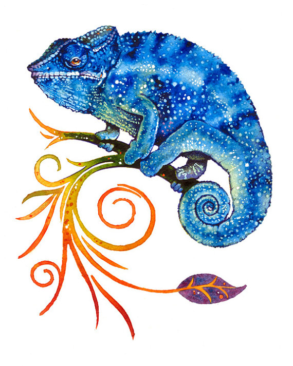 570x713 Blue Chameleon Watercolor Illustrations Art Print Poster Handmade - Watercolor Chameleon