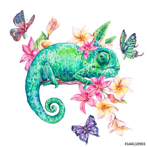 500x500 Watercolor Green Chameleon With Butterflies, Flowers - Watercolor Chameleon
