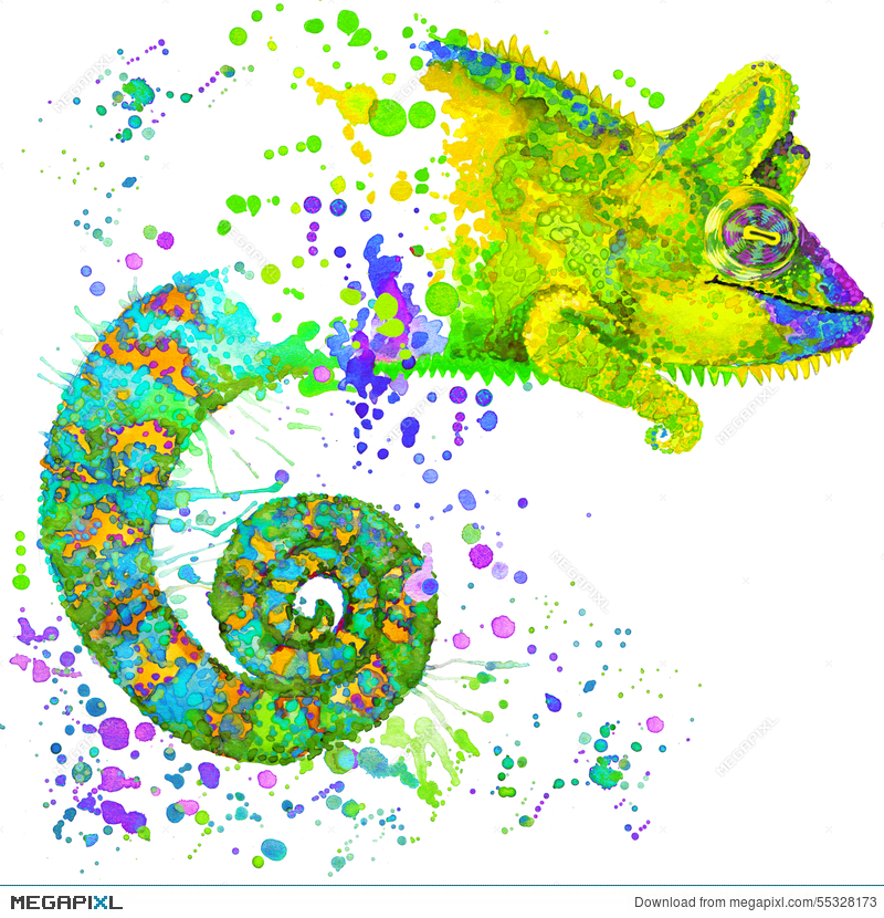 800x830 Chameleon Illustration With Splash Watercolor Textured Background - Watercolor Chameleon
