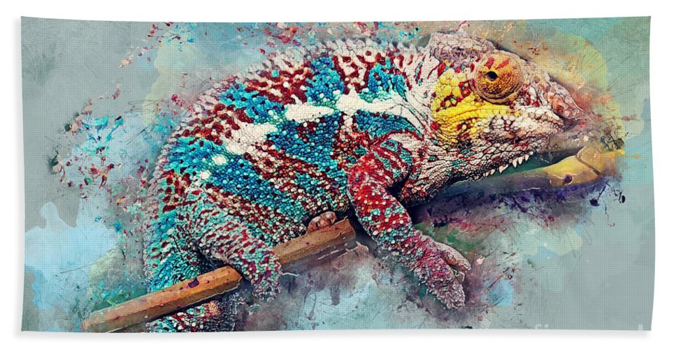 967x500 Chameleon Watercolor Art Beach Sheet For Sale By Justyna Jbjart - Watercolor Chameleon