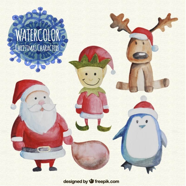 626x626 Watercolor Christmas Characters Set Vector Free Download - Watercolor Characters