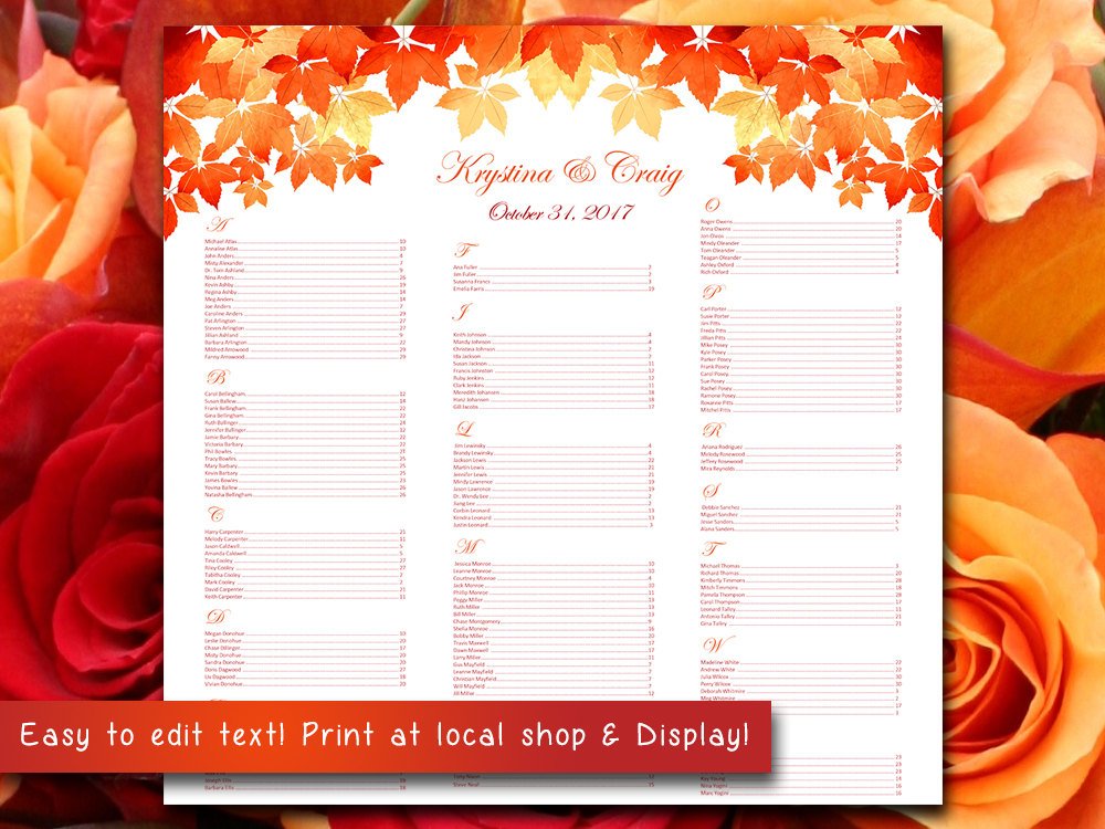 1000x750 Autumn Wedding Seating Chart Template Watercolor Fall Leaves Red - Watercolor Chart Template